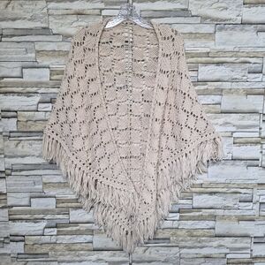 Handmade Boho Crochet Poncho Shawl Fringe Beige Triangle Wrap